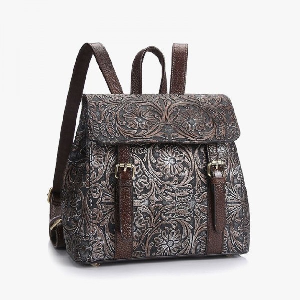 Embossed Flower Vintage Leather Backpacks