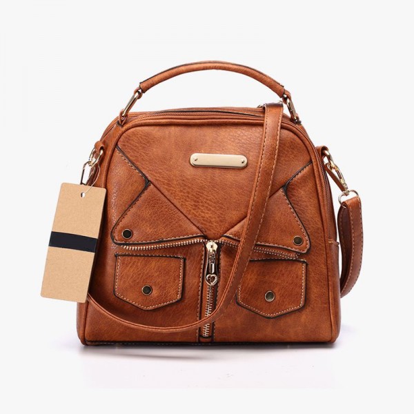 Leather Shoulder Double Zipper Handbag